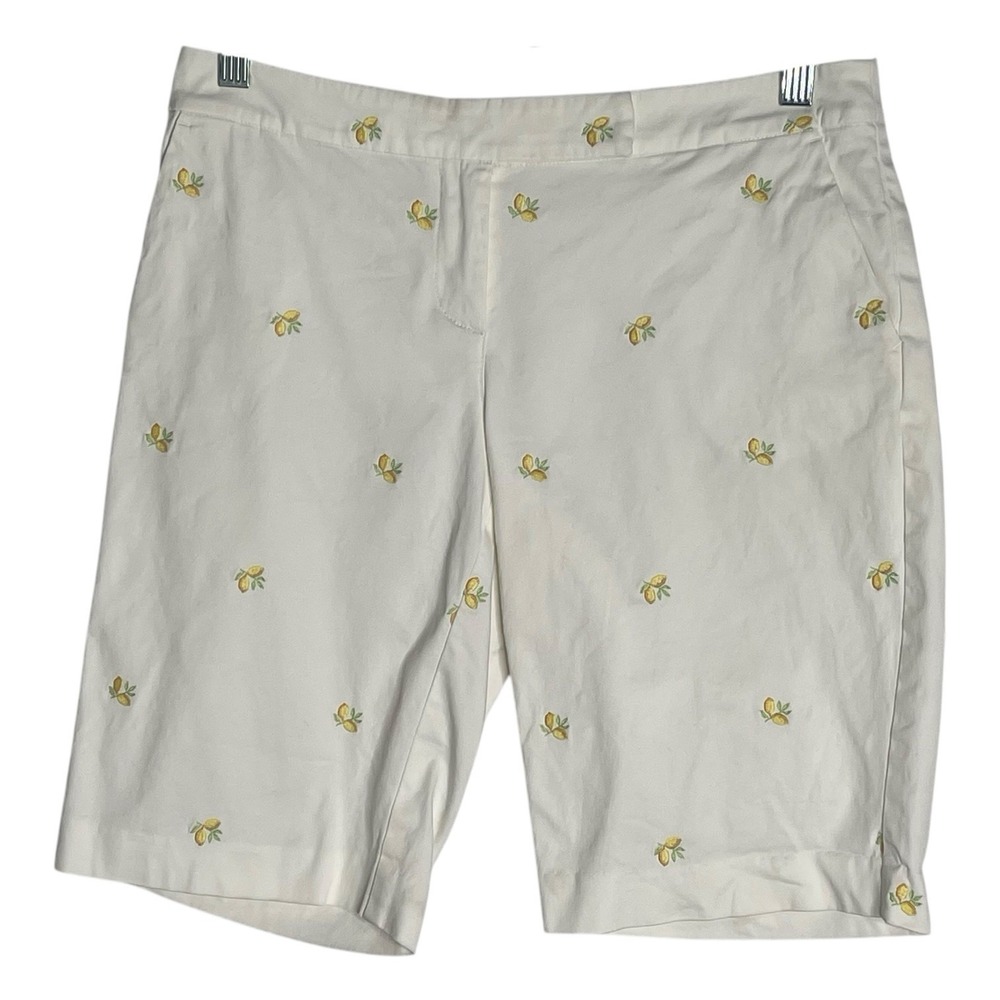 Talbots Petite Shorts White Lemon Print Flat Front Casual Summer Women's Size 4P